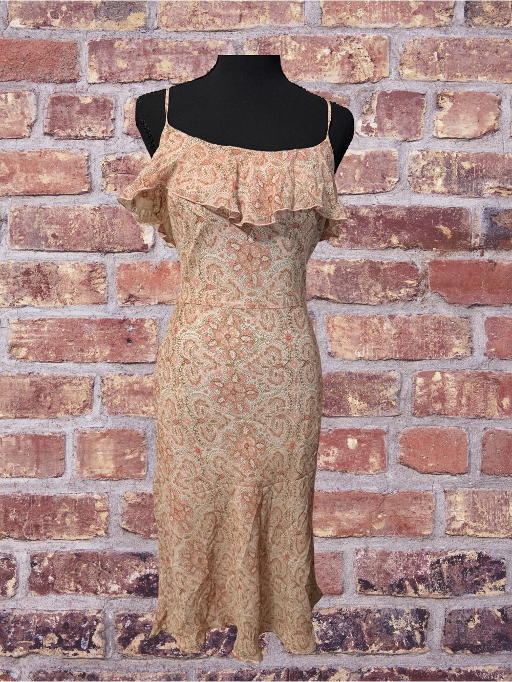 Y2K Women's Spaghetti Strap Ruffle Midi Dress in Peach and Brown Paisley